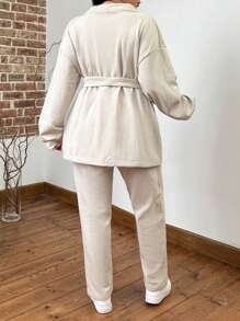 SHEIN Cottnline Cotton Loose Fit Plus Size Belted Top And Pants Set With Drop Shoulder - Dusty Pink - View 2