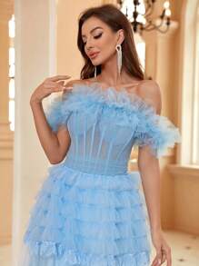 SHEIN Belle 荷葉邊下擺和蕾絲細節露肩網狀多層蛋糕女式晚禮服（重型款式） - 藍色 - 查看 5