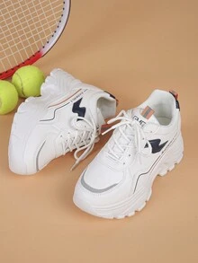 女性時尚舒適透氣運動鞋，帶鞋帶和拼接設計，厚底運動鞋 - 黑色 - 查看 4