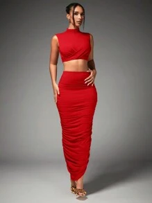 SHEIN BAE Women's Mock Neck Pleated Crop Top And Skirt Set For New Year Party