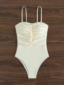 SHEIN Swim Women's Textured Ruched One Piece Swimsuit With Spaghetti Straps Wedding - Beige - View 4