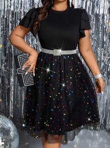 SHEIN BAE 大尺碼雙層喇叭袖波點網狀蓋邊裙,無腰帶設計 - 黑色 - 查看 5