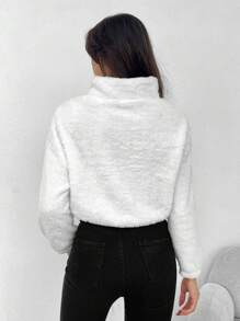 EURMUSE Letter Embroidery Half Zip Drop Shoulder Teddy Sweatshirt - White - View 2