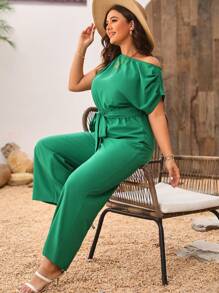 Calvaya Plus Size Women's Batwing Sleeve Jumpsuit With Belt - Green - View 5