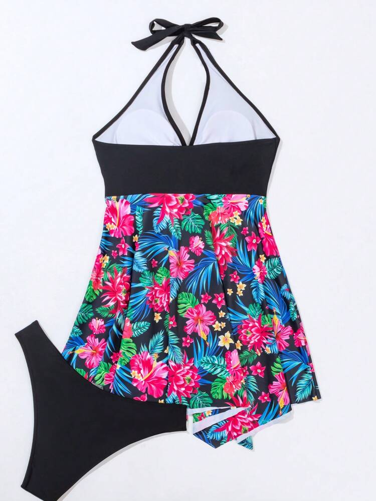 Tropical Print Halter Top And Triangle Bottom Swim Dress Set Carnival Summer
