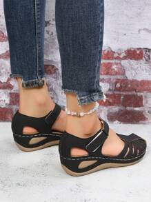 女士户外舒适黑色激光切割坡跟凉鞋，春夏穿搭 - 黑色 - 查看 4