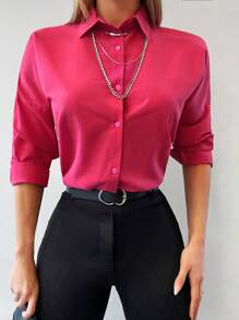 EURMUSE Solid Button Front Shirt - Hot Pink - View 3