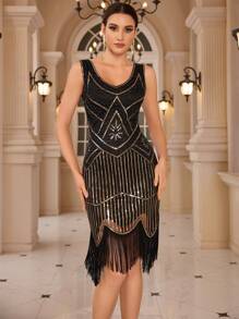 女士无袖流苏亮片串珠复古礼服优雅鸡尾酒半正式舞会婚礼宾客礼服，适合生日、毕业典礼、晚宴、返校节派对礼服 - 黑色 - 查看 4