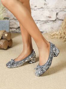 時尚女性粗跟圓頭鞋,閃亮珠鍊裝飾,銀色 - 銀色 - 查看 6