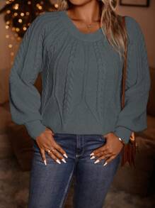 SHEIN LUNE 大尺碼純色線接袖毛衣 - 灰色 - 查看 8