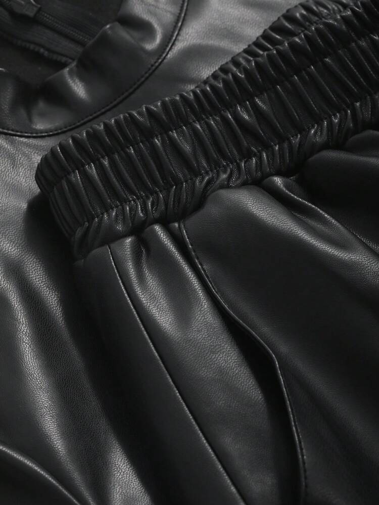 Women'S Stand Collar Short Sleeve Top And Pu Shorts 2-Piece Set,Short Women Sets