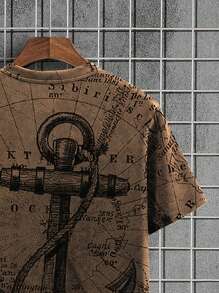 男士夏季锚印花圆领休闲 T 恤 - 卡其色 - 查看 3