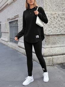 SHEIN Essnce Knitted Ribbed Long Sleeve T-Shirt And Leggings Set - Black - View 1