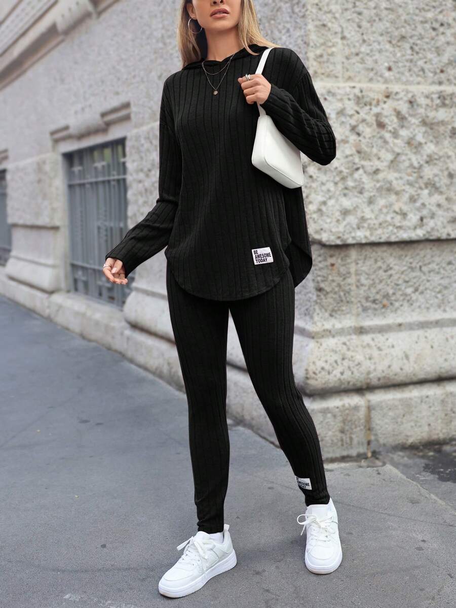 SHEIN Essnce Knitted Ribbed Long Sleeve T-Shirt And Leggings Set - Black - View 1