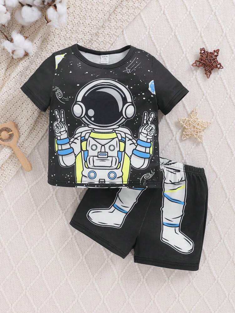 Baby Boys' Astronaut Pattern Round Neck Short Sleeve T-Shirt And Casual Shorts Set