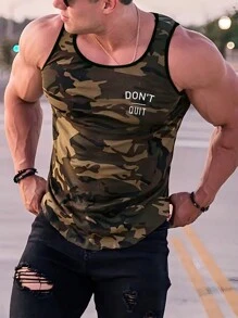 Manfinity LEGND Men's Letter Printed Camouflage Tank Top , Sleeveless Graphic Colorful Tank Top , Army Green Vacation Dad And Me