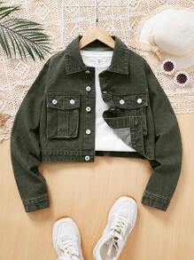 Teen Girls' Cropped Denim Jacket - Army Green - View 1