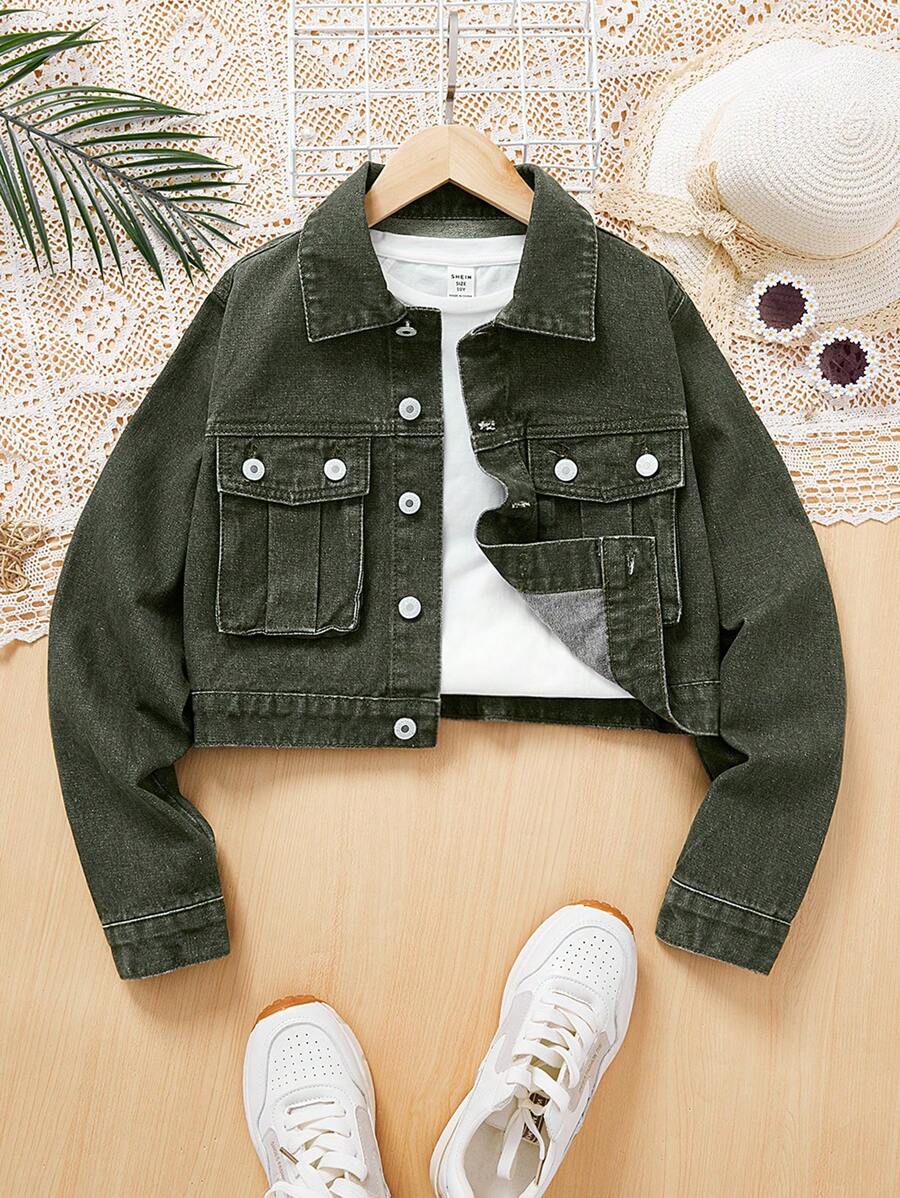 Teen Girls' Cropped Denim Jacket - Army Green - View 1