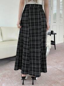 DAZY Chân váy maxi kẻ caro thường ngày dành cho nữ - màu đen - Xem 6