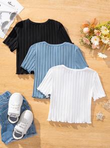 SHEIN Cô gái Tween Đan Màu thuần Vòng cổ Áo len Mở Áo thun 3 cái/bộ - màu đen - Xem 2