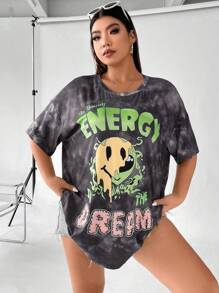 Flirla 大尺碼女性卡通臉印花圓領t恤 - 彩色 - 查看 5