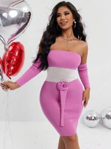 Zolique Bodycon Sweater Dress With Contrast Color Strapless Design And 3d Flower Decoration Fall Cloth For Women - Pink - View 3