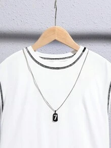 青少年男童休閒字母印花拼接圓領背心上衣 - 白色 - 查看 2
