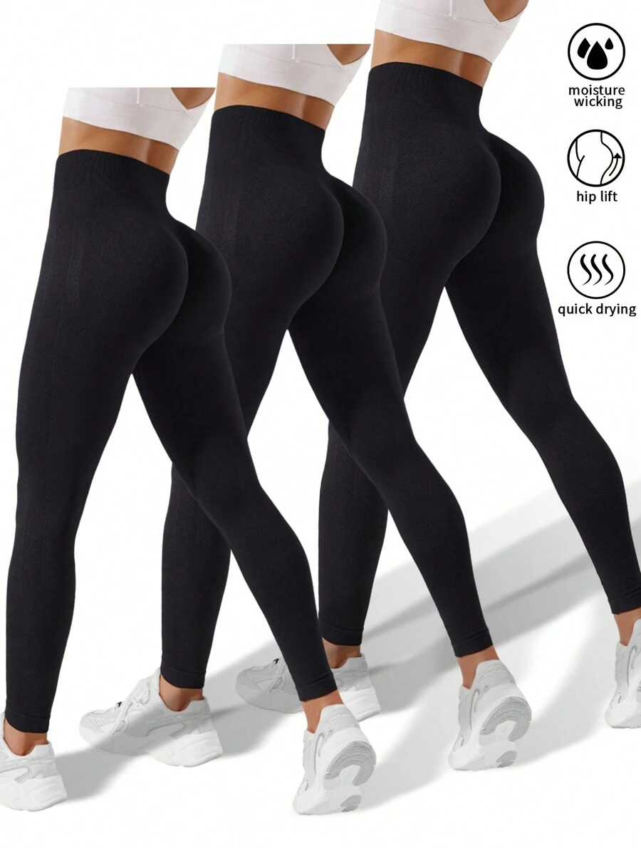 SHEIN Yoga Basic 無縫高彈性運動打底褲 - 黑色 - 查看 1