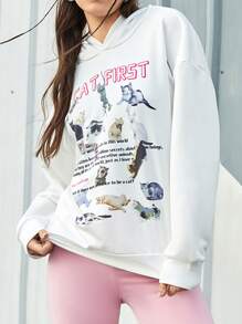 SHEIN Sports Sweat-shirt De Sport À Capuche Imprimé Animal Et Slogan Pour Femme - Blanc - Voir 4