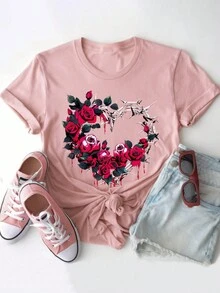 Calvaya Plus Size Women'S Heart Graffiti & Floral Print Round Neck Short Sleeve T-Shirt - Pink - View 3