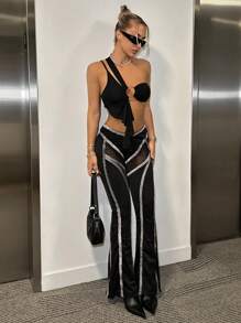 SHEIN ICON Áo thun nữ mùa hè Y2k dáng ôm bất đối xứng có viền bèo nhún bất đối xứng, trang trí kim loại - màu đen - Xem 5