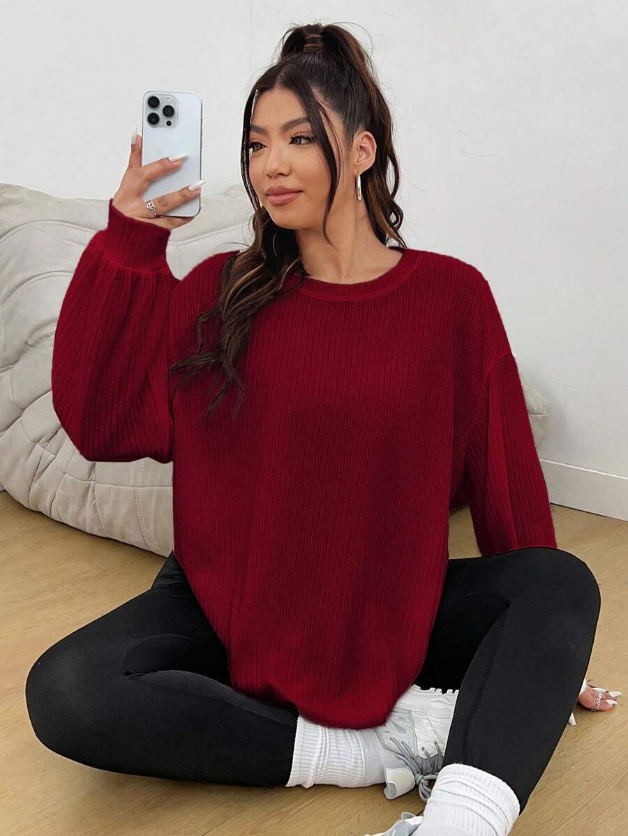 SHEIN EZwear Women's Plus Size Solid Color Drop-Shoulder T-Shirt - Rose Red - View 1