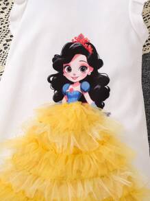 SHEIN Young Girl Young Girls Princess Style Floral Printed Mesh Contrast Ruffle Sleeve Dress - White - View 6