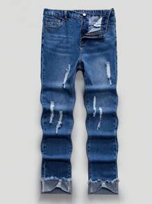 SHEIN Teen Boys' Deep Blue Distressed Frayed Hem Denim Jeans With Abrasion - Blue - View 1