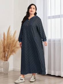 Mulvari 加大码全印花拉链半开襟卫衣连衣裙 - 霧霾藍 - 查看 4