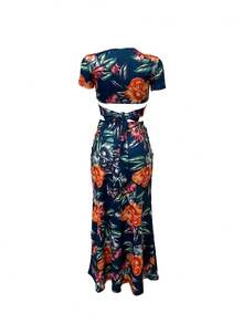 Floral Print V-Neck Top And Split Hem Skirt 2 Pieces Set - Blue - View 2