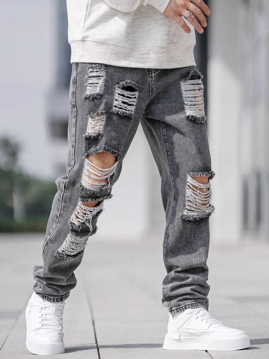 QuarKem Men's Distressed Denim Jeans - Grey - View 1