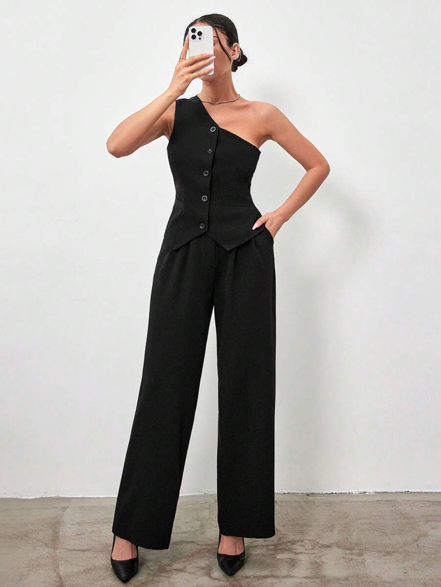 EURMUSE Damen Einteiliges Schulterfrei Anzugweste Und Hose Set - Schwarz - Übersicht 1