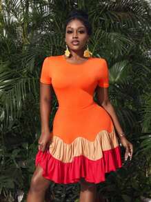 Slaydiva Vacation Date High Stretch Round Neck Music Festival Elegant Casual Short Sleeve Resort Style Multi-Color Color Block Pleated Design Stitching Slim Women's Dress