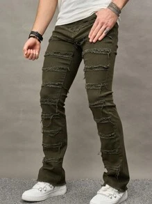 Manfinity 男式拼接保暖牛仔裤 - 軍綠色 - 查看 5