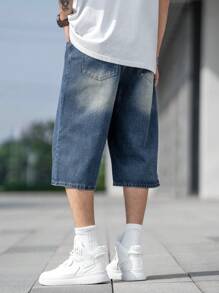 Manfinity EZcore Loose Fitting Men's Bleach Washed Denim Shorts With Slant Pockets Baggy Long Plain Navy Blue Going Out Japanese Style