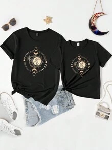 Women's Fashionable Casual Gold Moon Pattern Printed Short Sleeve T-Shirt Graphic Tees Women Tops - Black - View 6