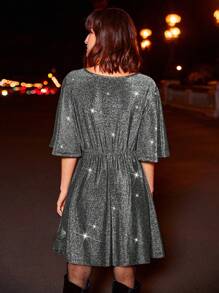 SHEIN Frenchy Women's V-Neck Sparkly Shiny Ruffle Sleeve Dress - Silver - View 5
