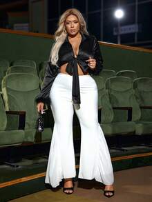 SHEIN SXY 加大碼毛絨袖口綁帶短款上衣 - 黑色 - 查看 3