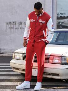 Manfinity Hypemode 2 Piezas/set Traje De Chaqueta De Béisbol Con Estampado De Letras Y Pantalones De Chándal Para Hombres Con Tallas Grandes