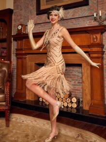 20 年代复古装饰艺术连衣裙 V 领亮片流苏大礼服优雅鸡尾酒半正式舞会婚礼宾客礼服，适合生日、毕业典礼、晚宴、返校节派对礼服 - 杏色 - 查看 3