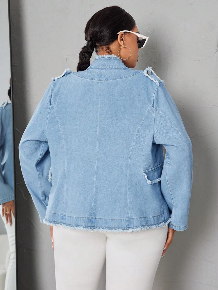 Plus Size Double Breasted Frayed Denim Jacket