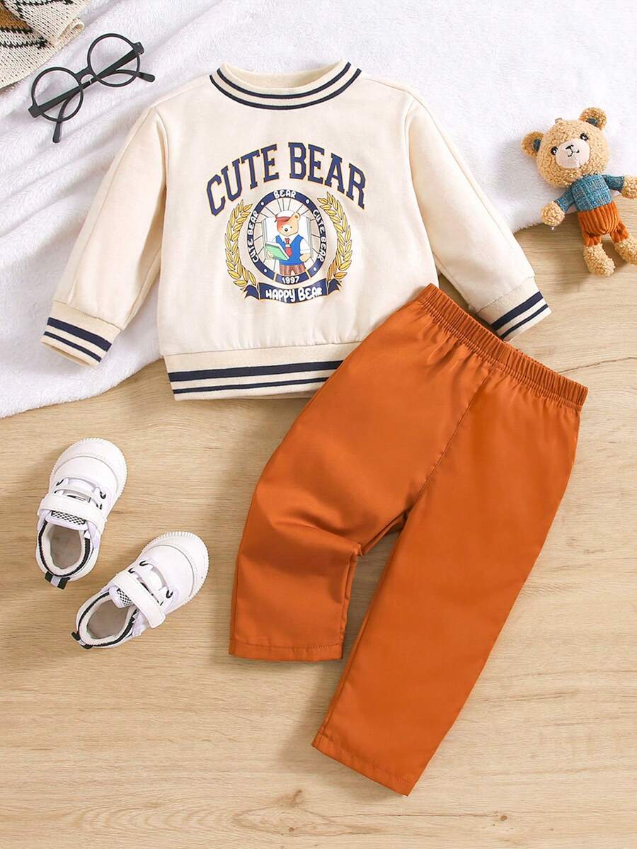 寶寶男孩復古英國學院熊和字母印花運動衫和寬松棕色褲子 - 彩色 - 查看 1