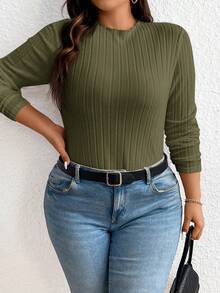 SHEIN Frenchy 大尺碼純色麻花針織t卹 - 軍綠色 - 查看 4