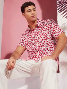 Manfinity Unisex Camisa Casual Tejida Estampada Con Corazones Para Hombre